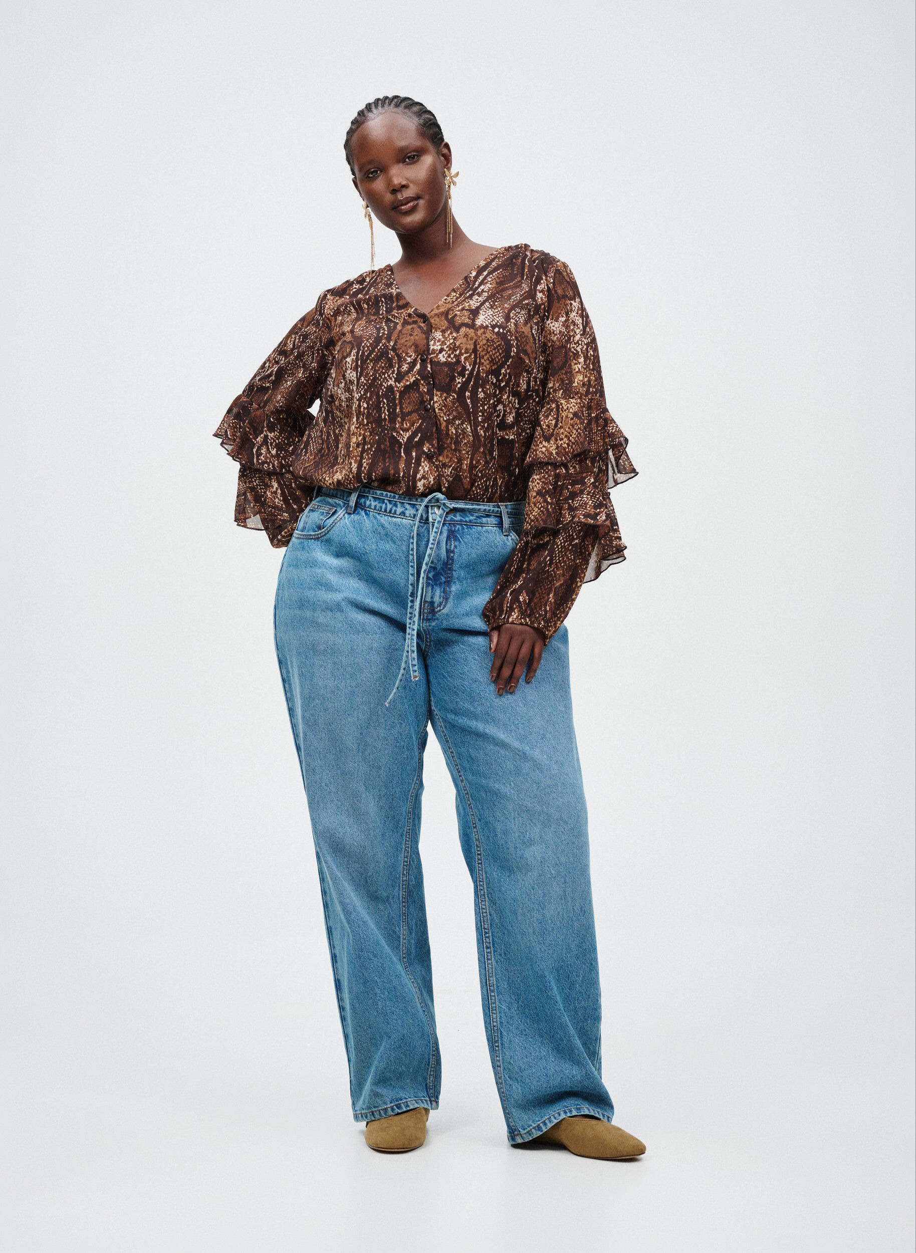 ZizziBlouse met dierenprint en ruches, Bruin, Image image number 0