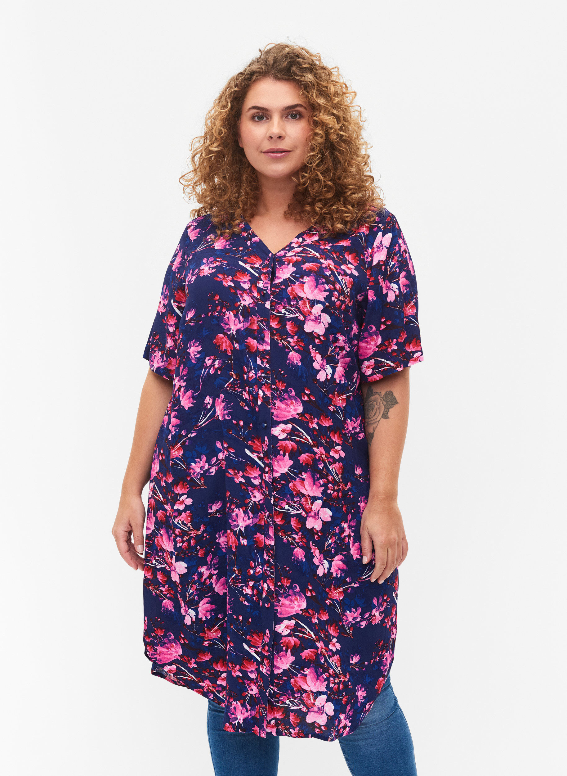 ZizziMidi-jurk van viscose met bloemenprint, B. Blue Pink Flower, Model image number 0