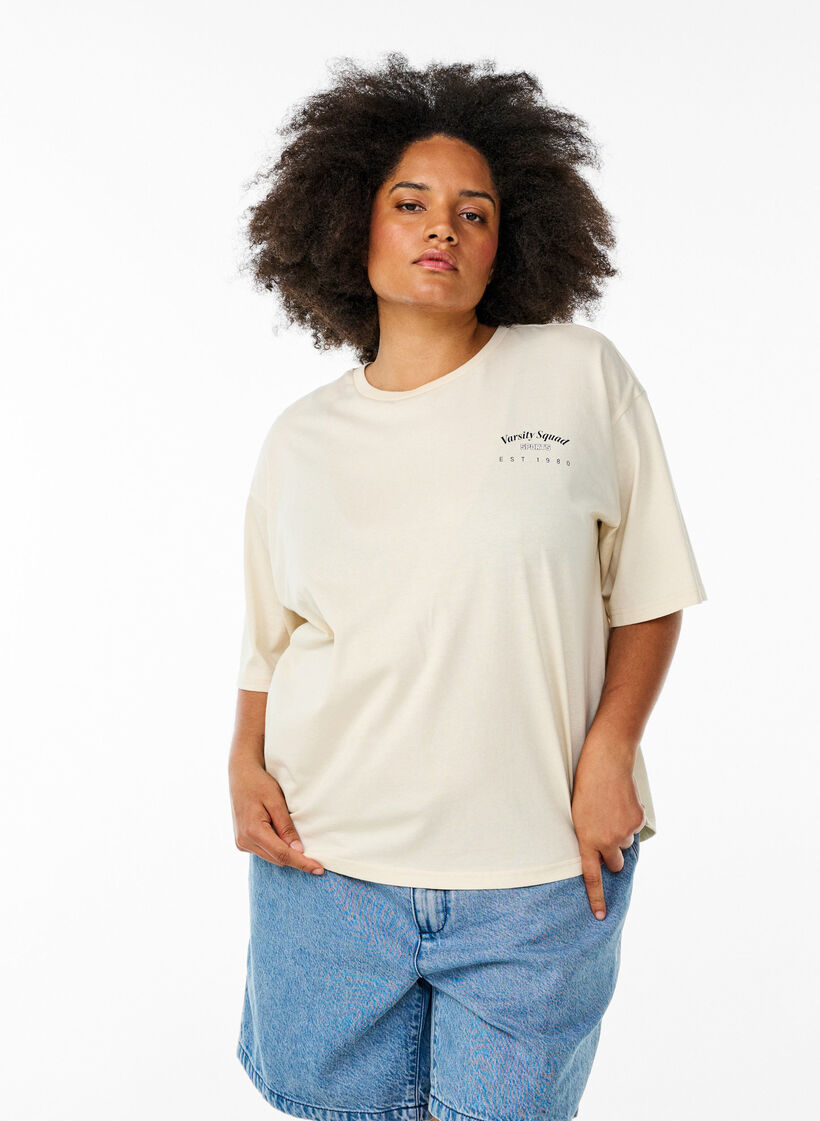 T-shirt oversize avec impression au dos, Beige, Model image number 0