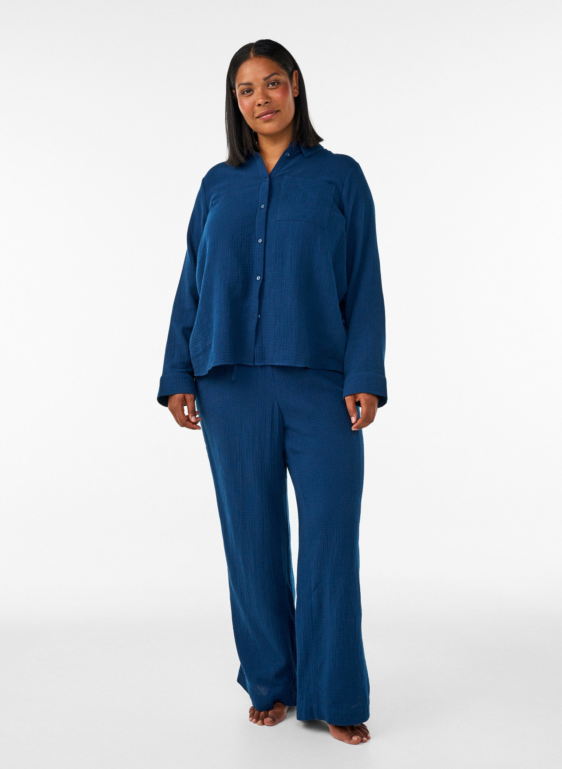 ZizziKatoenen mousseline nachthemd met lange mouwen, Blauw, Model image number 1