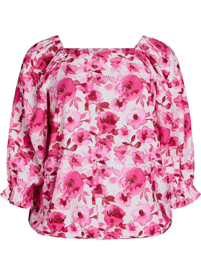 Viscose blouse met een vierkante hals en 3/4-mouwen, Roze, Packshot image number 0