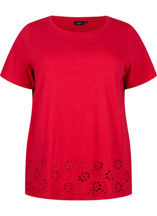 T-shirt in katoen met anglaise borduurwerk, Tango Red, Packshot image number 0