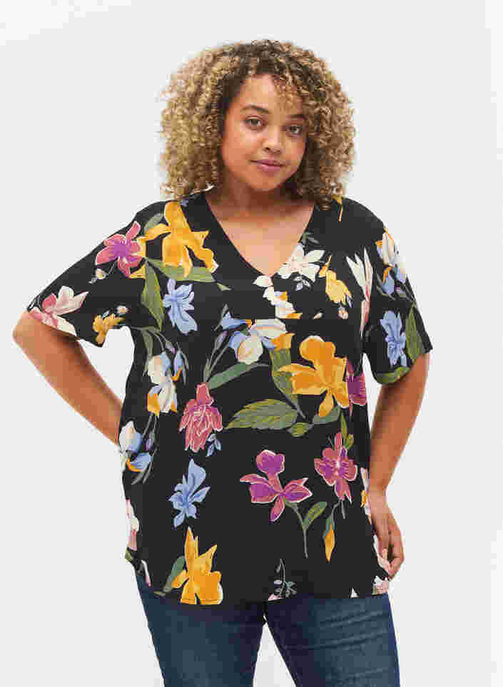 Viscose blouse met korte mouwen en bloemenprint, Big Flower AOP, Model