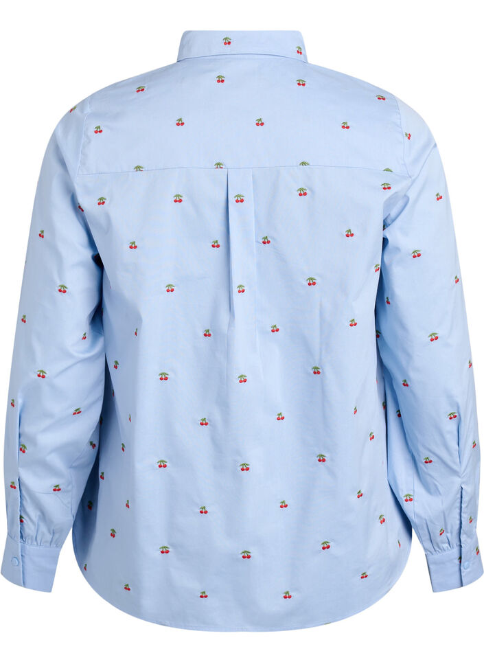 Overhemdbluse met geborduurde kersjes, Blauw, Packshot image number 1
