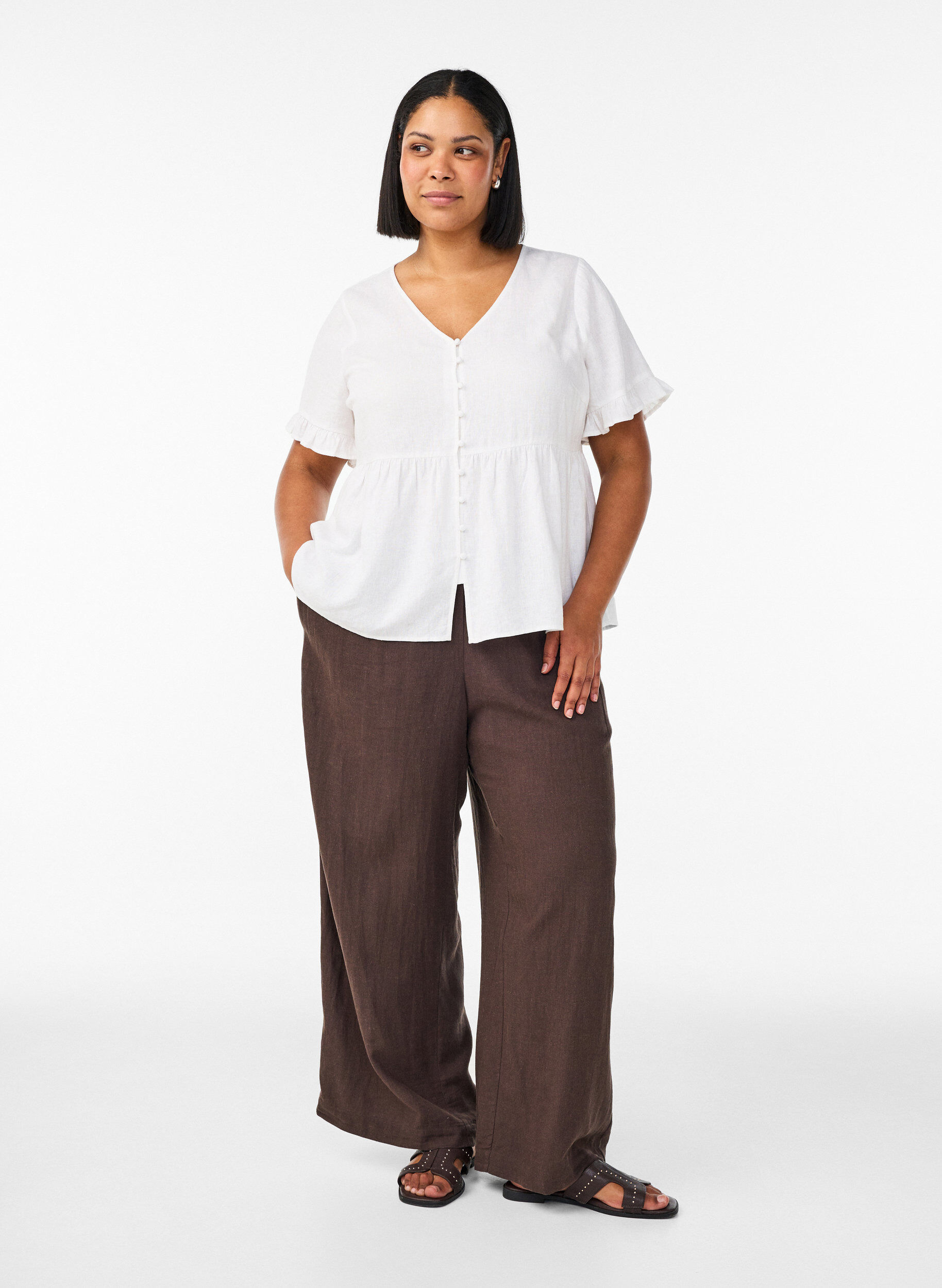Pantalon large en lin et viscose, Marron, Model