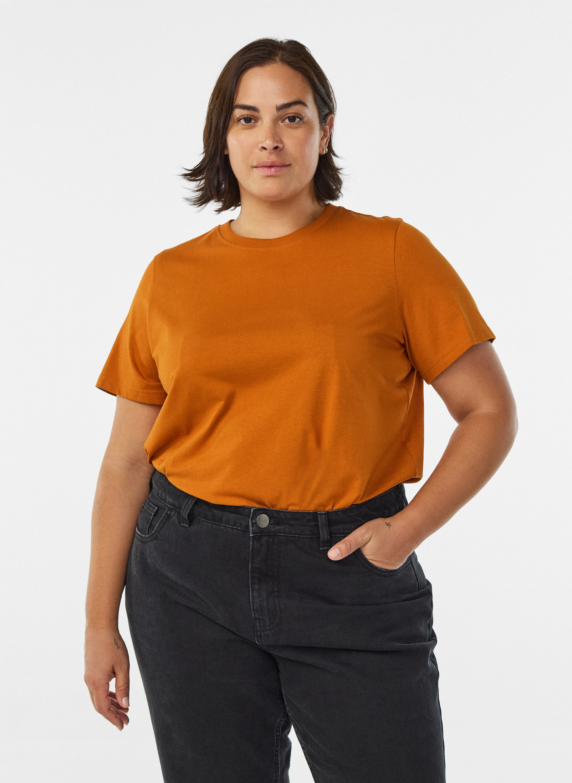 ZizziBasic katoenen T-shirt met ronde hals, Oranje, Model image number 0