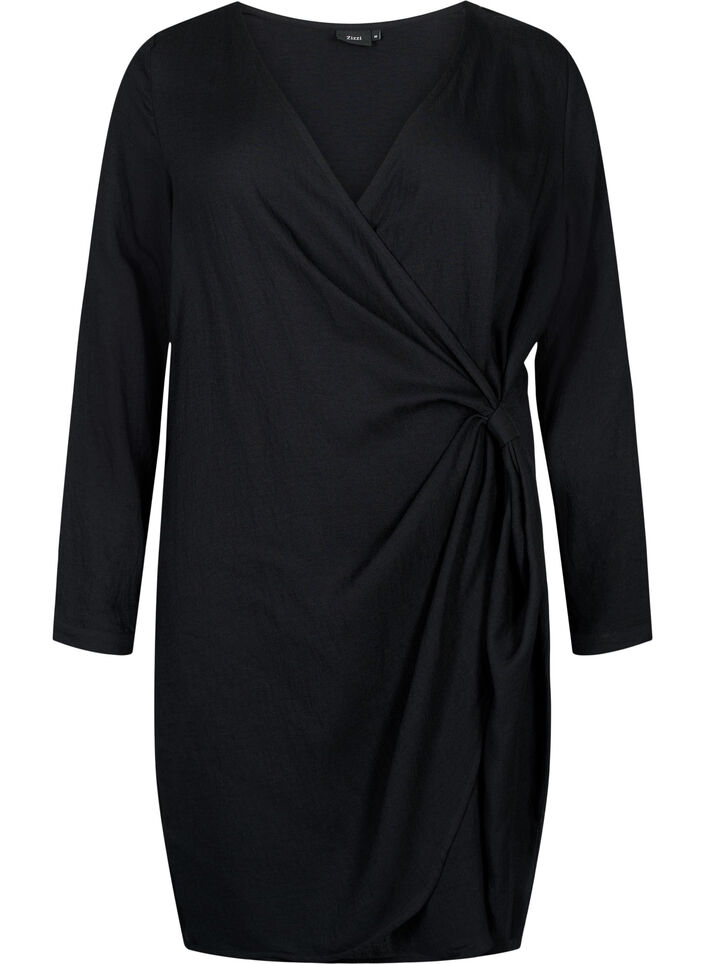 Robe à manches longues en viscose au look enveloppant, Black, Packshot image number 0