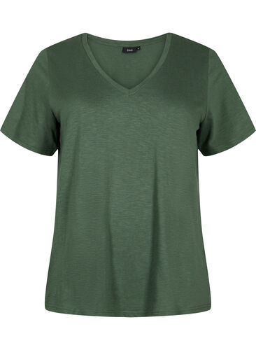 Dochter olie openbaar Basic t-shirt met korte mouwen en v-hals - Groen - Maat 42-60 - Zizzi