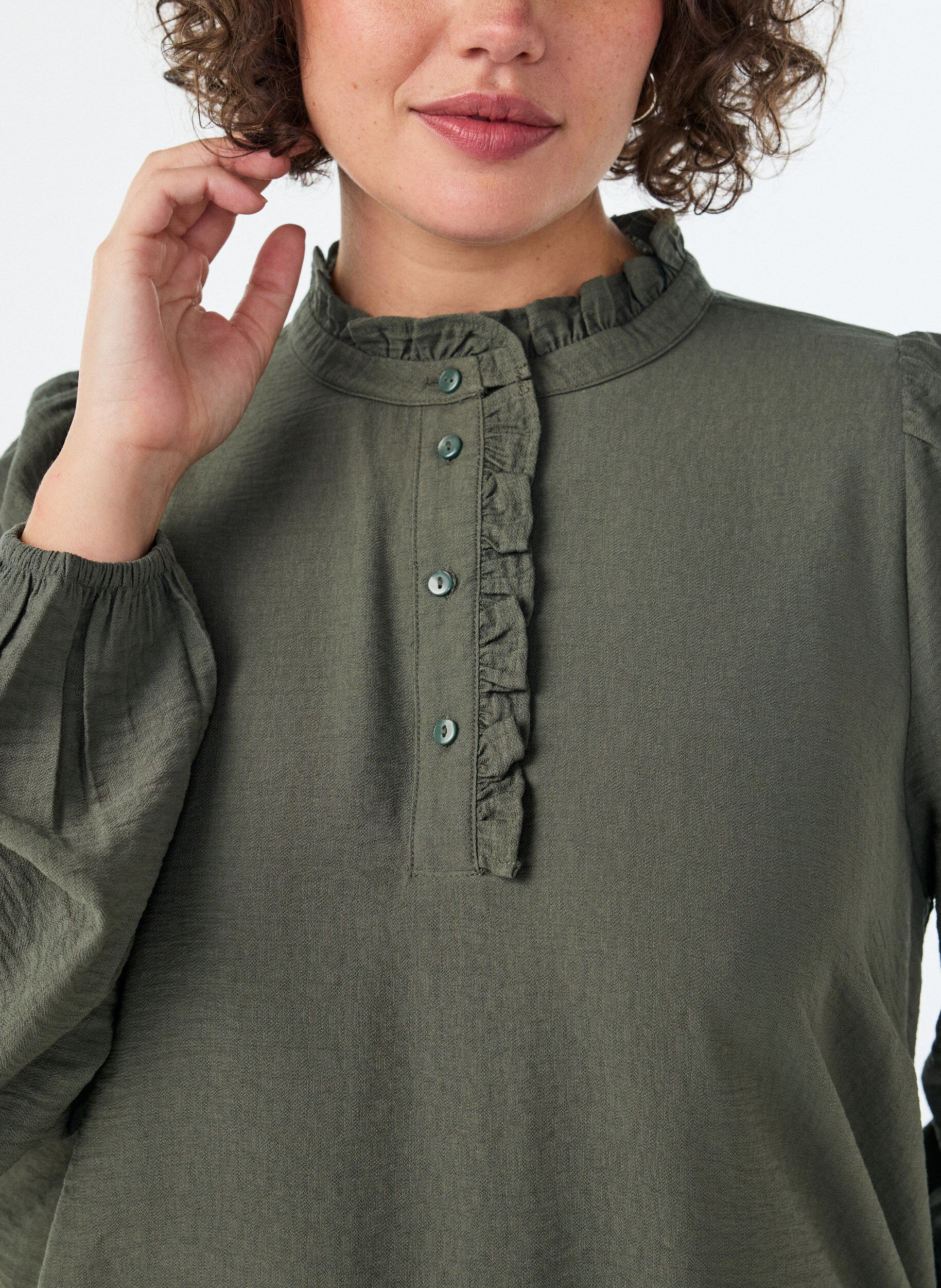 ZizziViscose tuniek met ruches en knopen, Groen, Model image number 3
