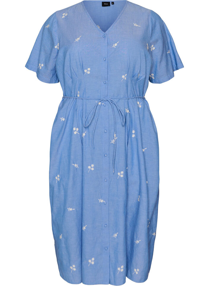 Robe chemise en coton avec des fleurs brod&eacute;es, Bleu Clair, Packshot image number 0