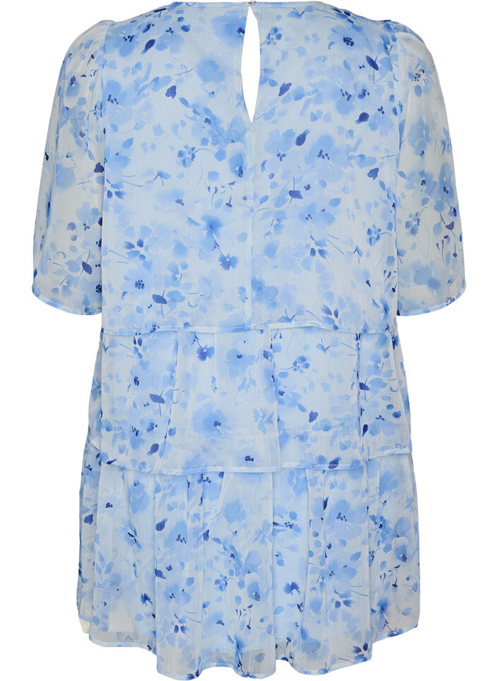 Korte jurk met chiffonlook, bloemenprint en volantlagen, Blauw, Packshot image number 1