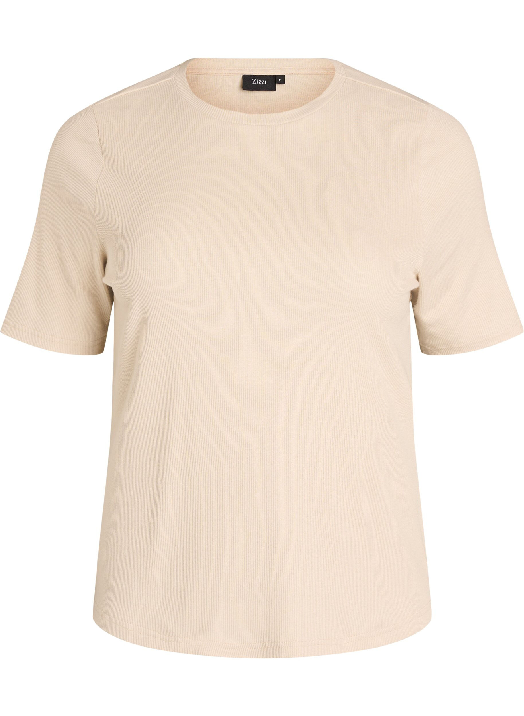 ZizziBasic rib T-shirt met ronde hals, Beige, Packshot image number 0