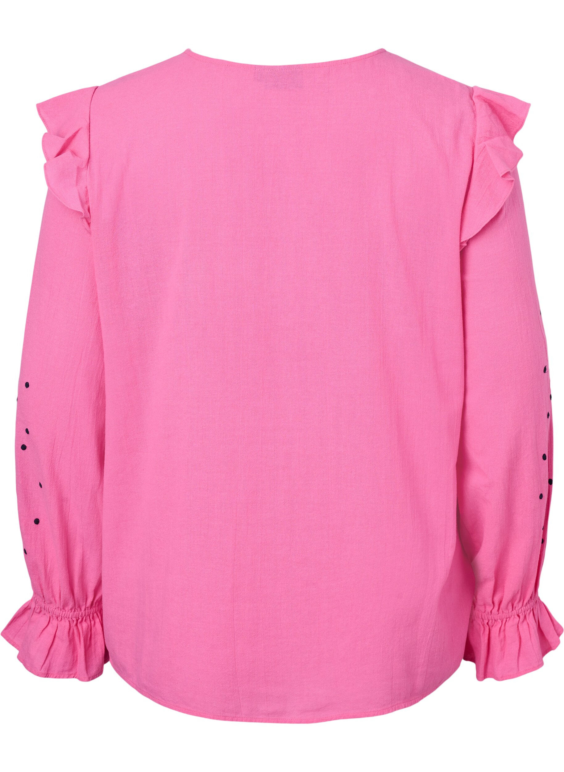 ZizziKatoenen blouse met borduursel en ruches, Roze, Packshot image number 1