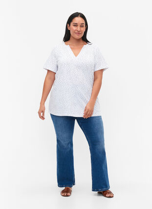 Katoenen t-shirt met stippen en V-hals, B.White/Black Dot, Model image number 2