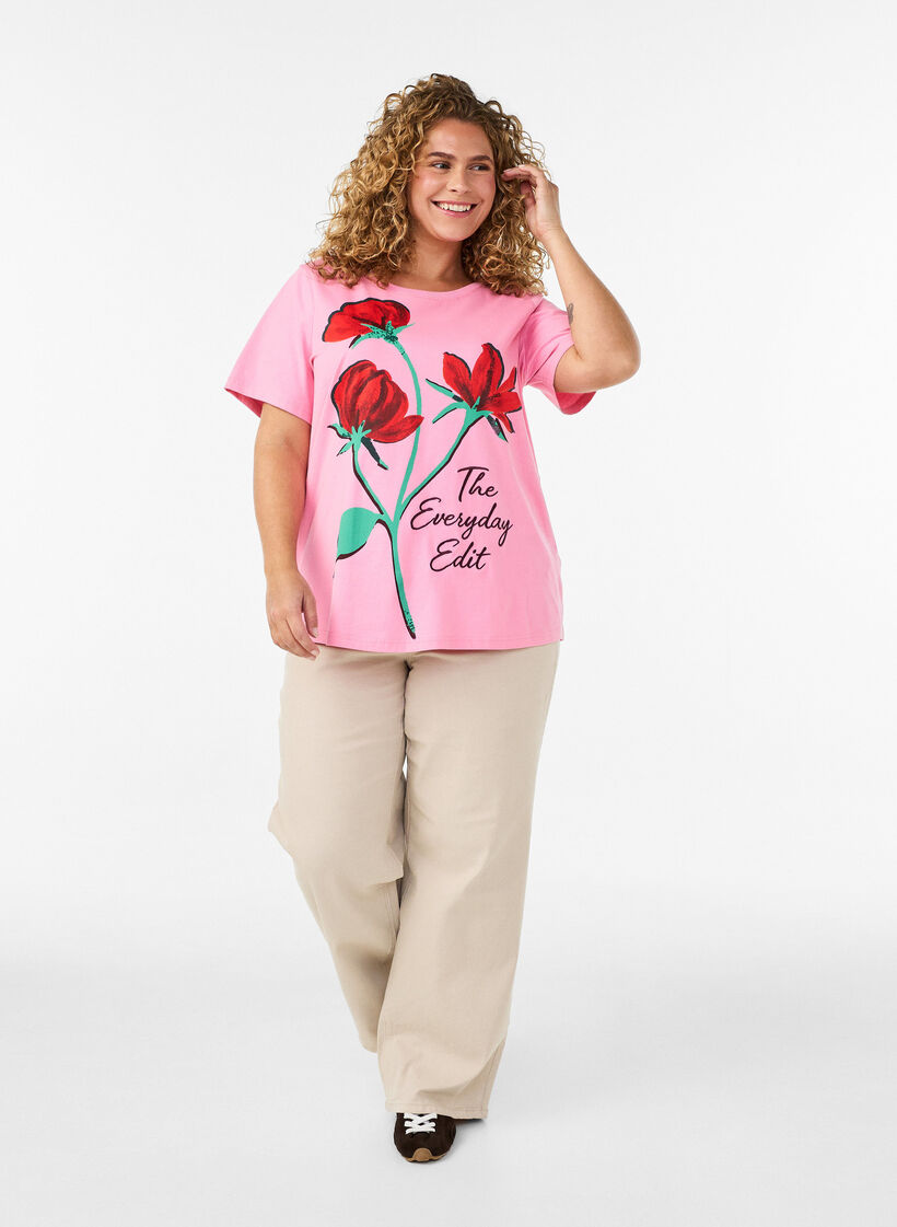 Katoenen T-shirt met print aan de voorkant, Roze, Model image number 1