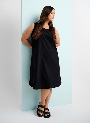 Mouwloze katoenen jurk met a-lijn, Black, Image image number 0
