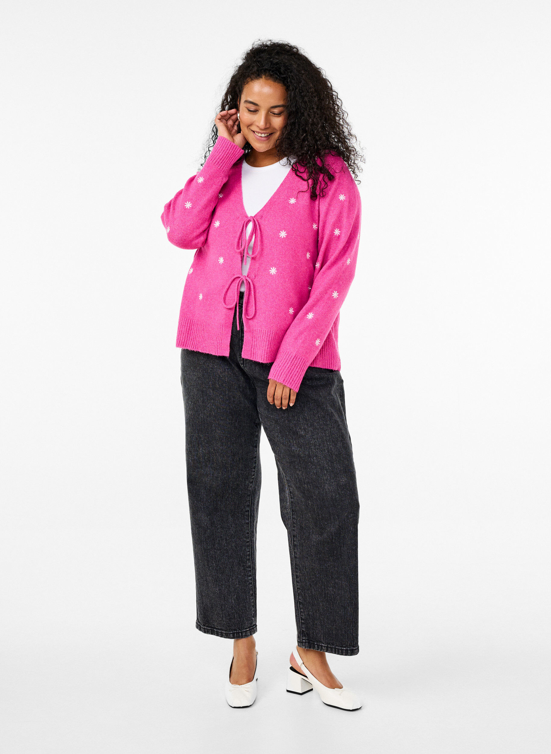 ZizziGebreid cardigan met strikdetails en borduurwerk, Raspberry Rose Comb, Model image number 2