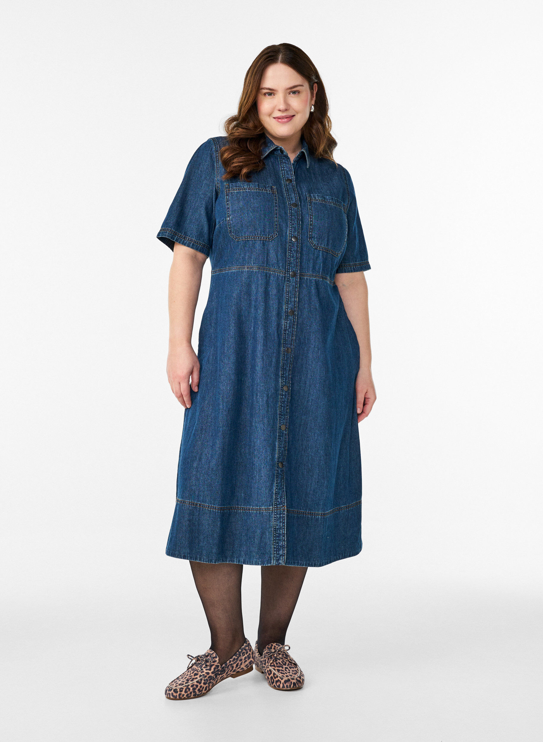 Denim hemdjurk met korte mouwen, Blauw, Model