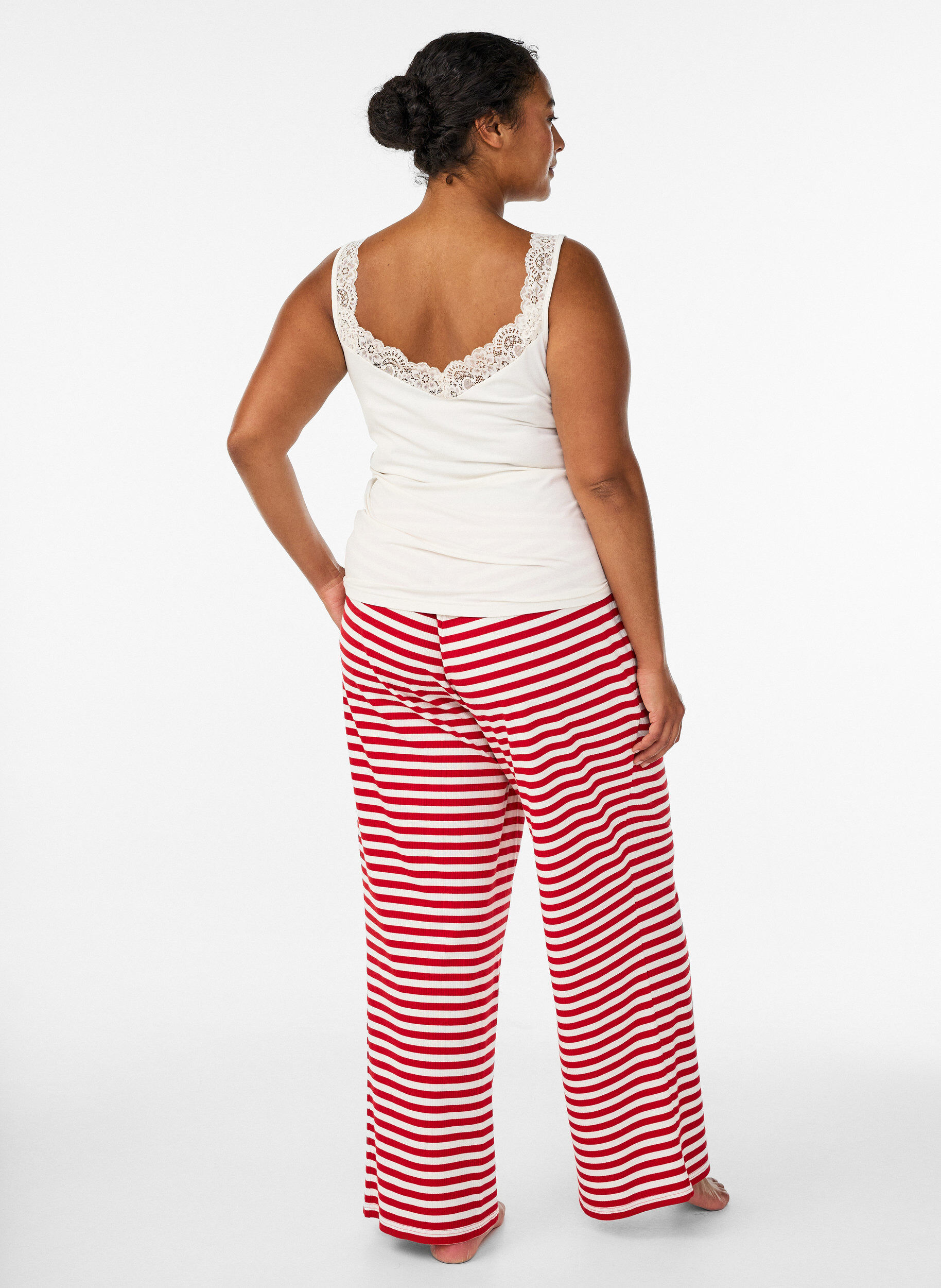 ZizziGestreepte pyjamabroek met een high waist en wijde pijpen, Rood, Model image number 1