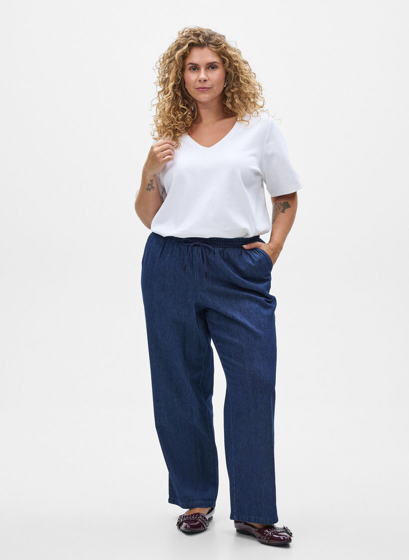 Jeans coupe droite &agrave; taille &eacute;lastique, Bleu, Model image number 0