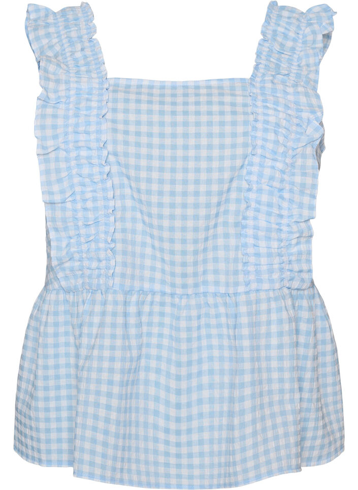 Top met ruitjes en ruchesdetails, Blauw, Packshot image number 0