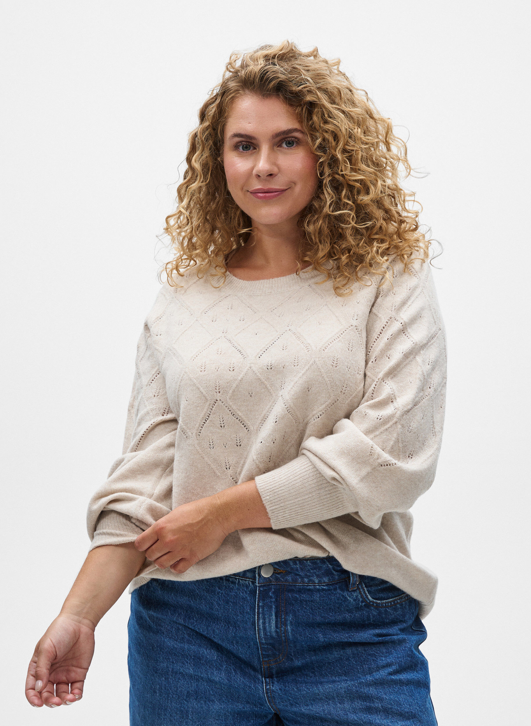 Gebreide top met opengewerkt patroon en ballonnen mouwen, Beige, Model