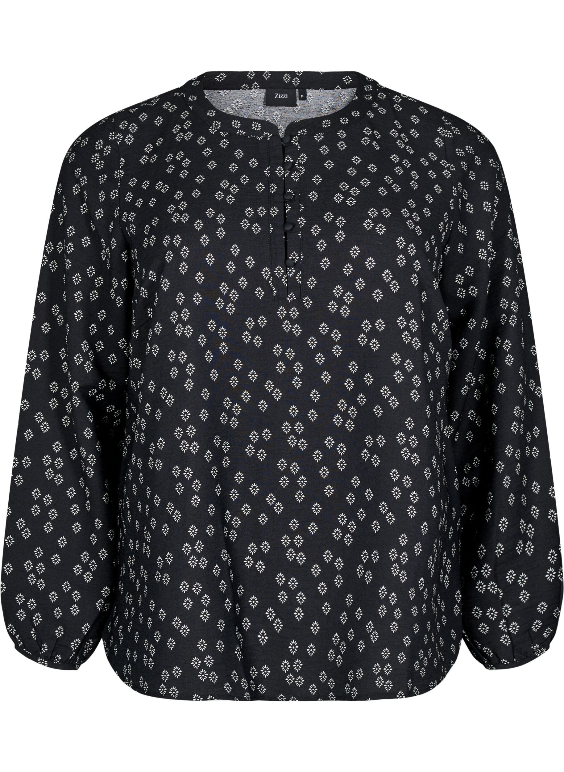 ZizziBlouse met lange mouwen met patroon en knopen, Zwart, Packshot image number 0