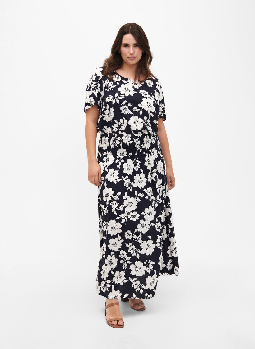 FLASH - Maxi rok in viscose met smokwerk, Blauw, Model image number 1
