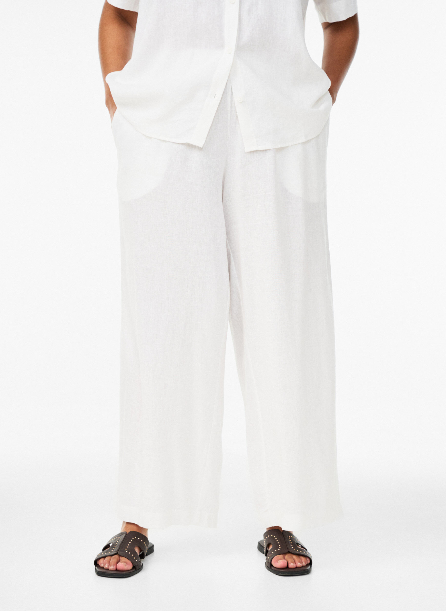 ZizziWijde linnen en viscose broek, Wit, Model image number 2