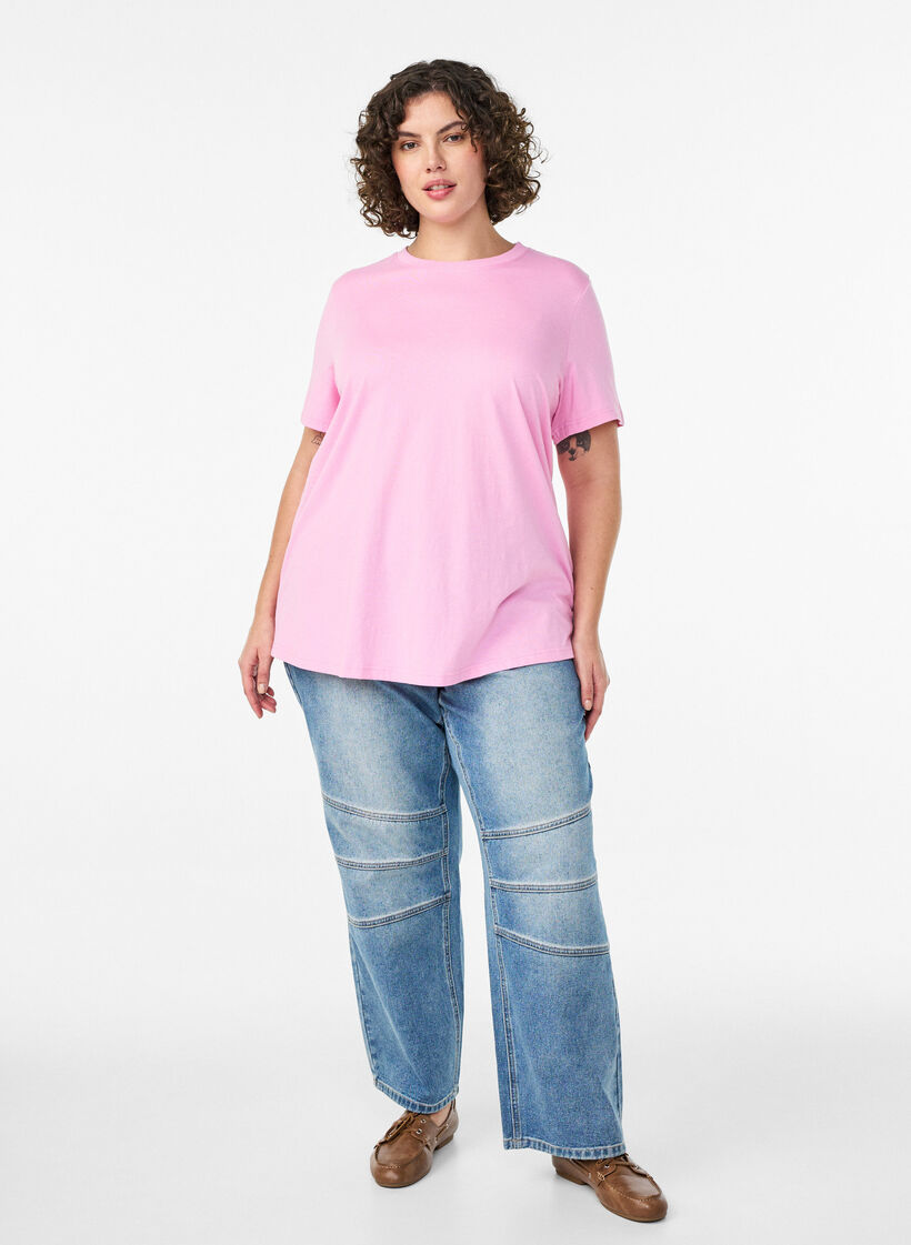 T-shirt basique en coton &agrave; col rond, Rose, Model image number 1