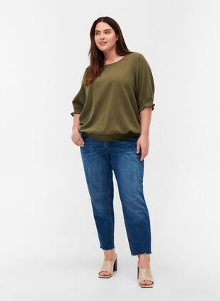 Katoenen blouse met smokwerk en korte mouwen, Ivy Green, Model image number 2