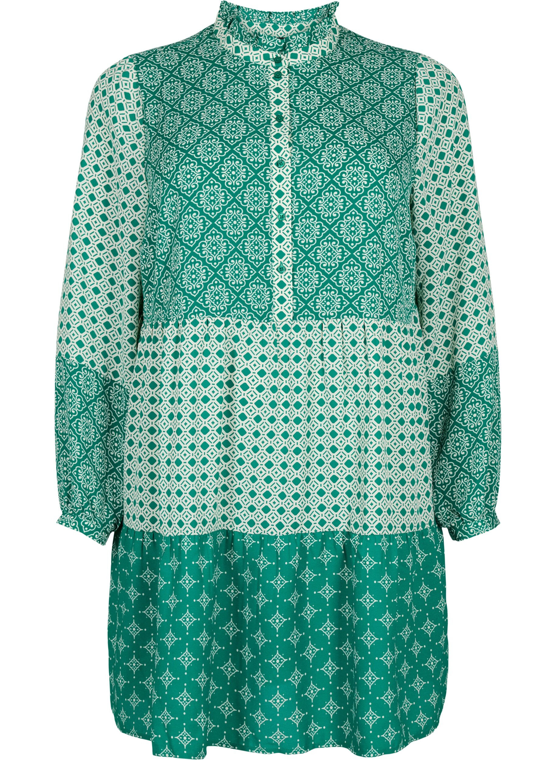 Zizzi Robe trap&egrave;ze avec motifs et lignes de coupe, Green AOP, Packshot image number 0