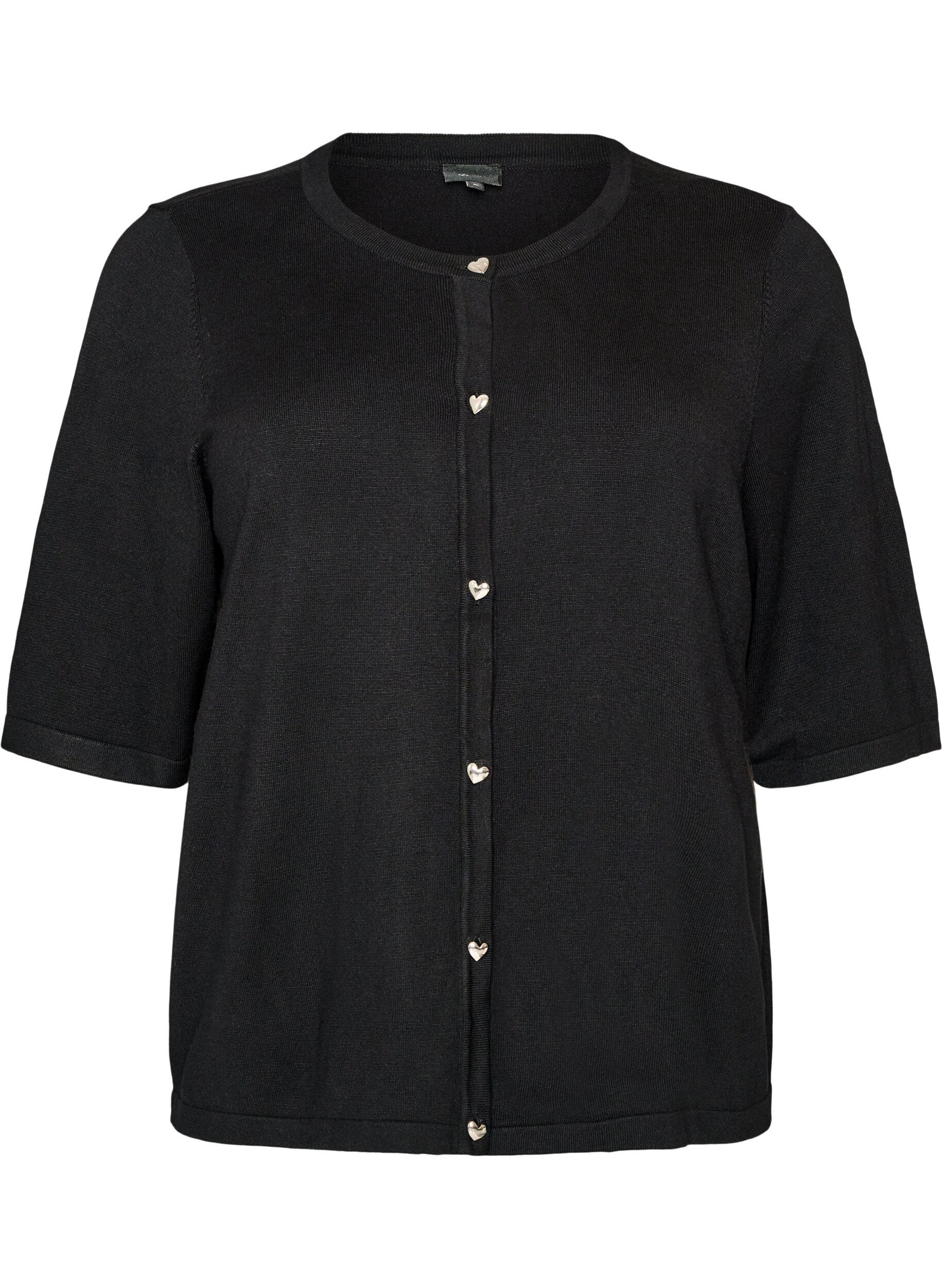 ZizziGebreid vest met hartvormige knopen en korte mouwen, Zwart, Packshot image number 0