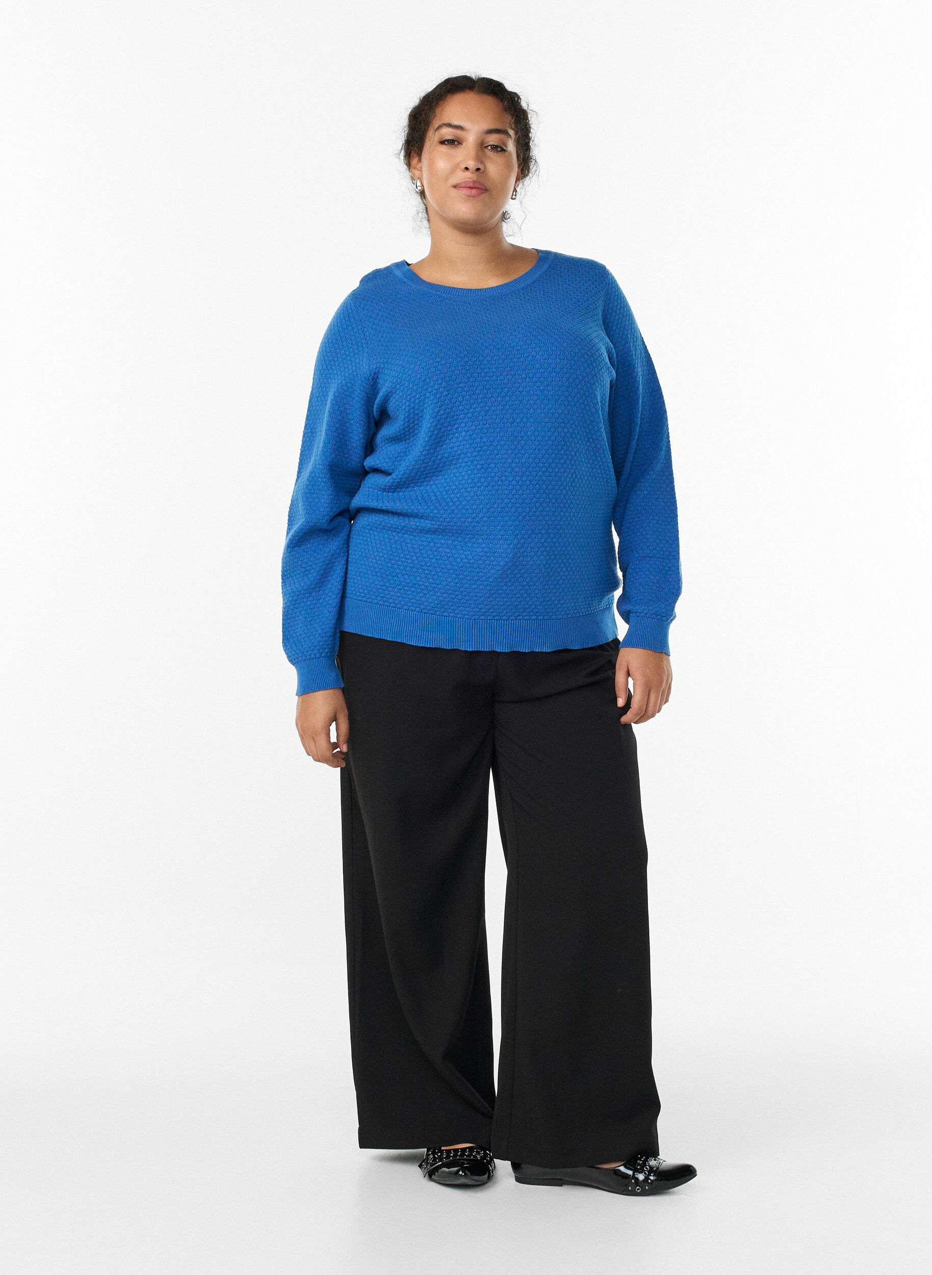 ZizziGebreide blouse van katoen met structuurpatroon, Blauw, Model image number 1