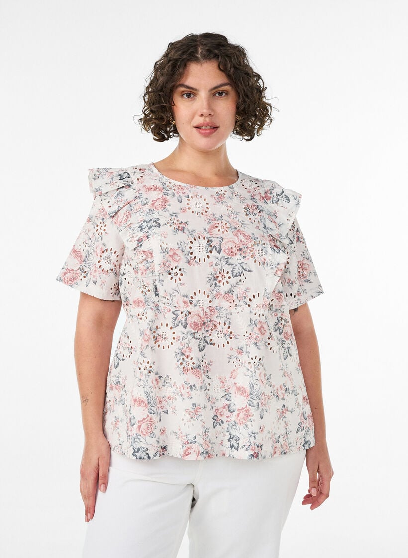Blouse en coton avec broderie anglaise et volants, Rose poudr&eacute;e, Model image number 0