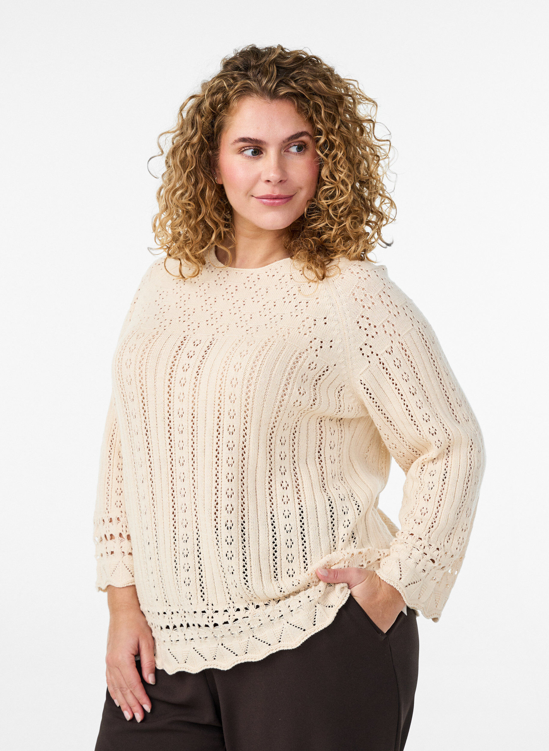 ZizziGebreide top met ajour borduursel en 3/4 mouwen, Beige, Model image number 0