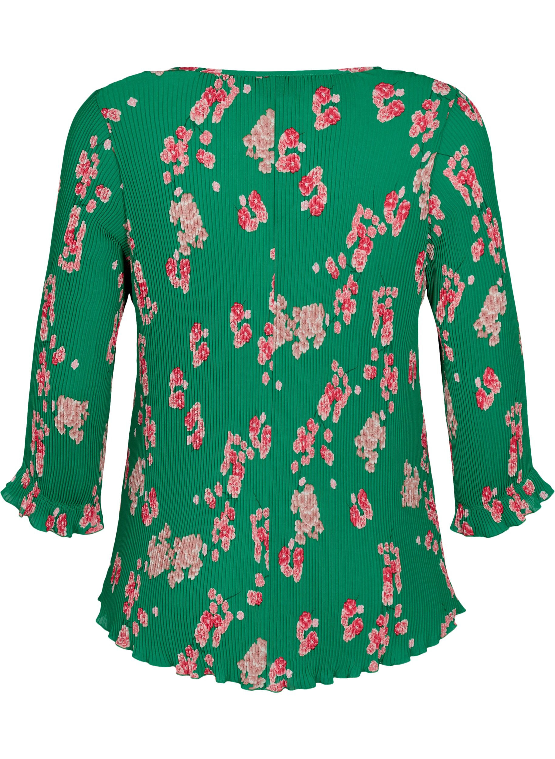 ZizziGeplooide blouse met 3/4 mouwen, Jolly Green Flower, Packshot image number 1
