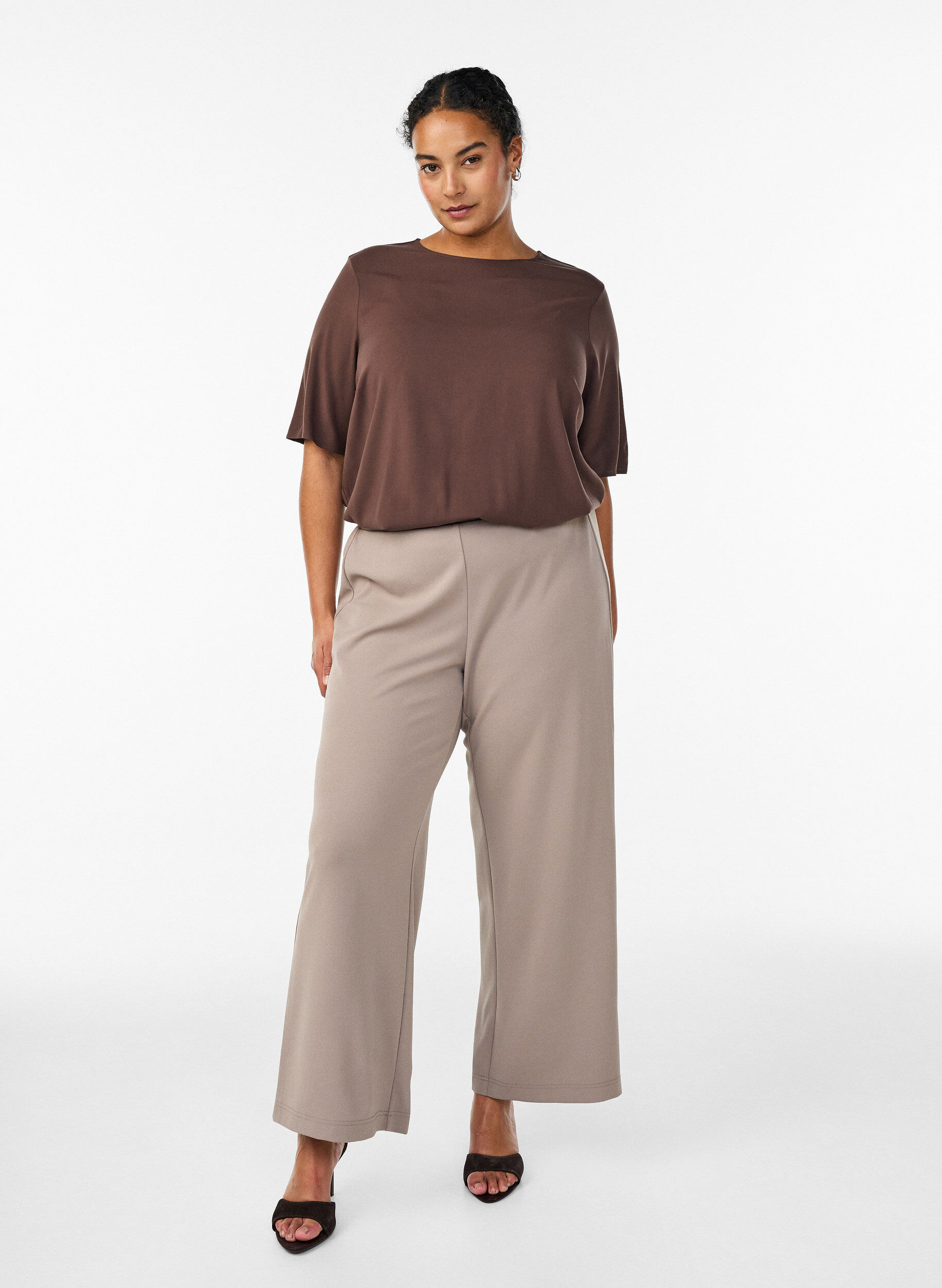 ZizziGeweven blouse met korte mouwen en ronde hals, Bruin, Model image number 1