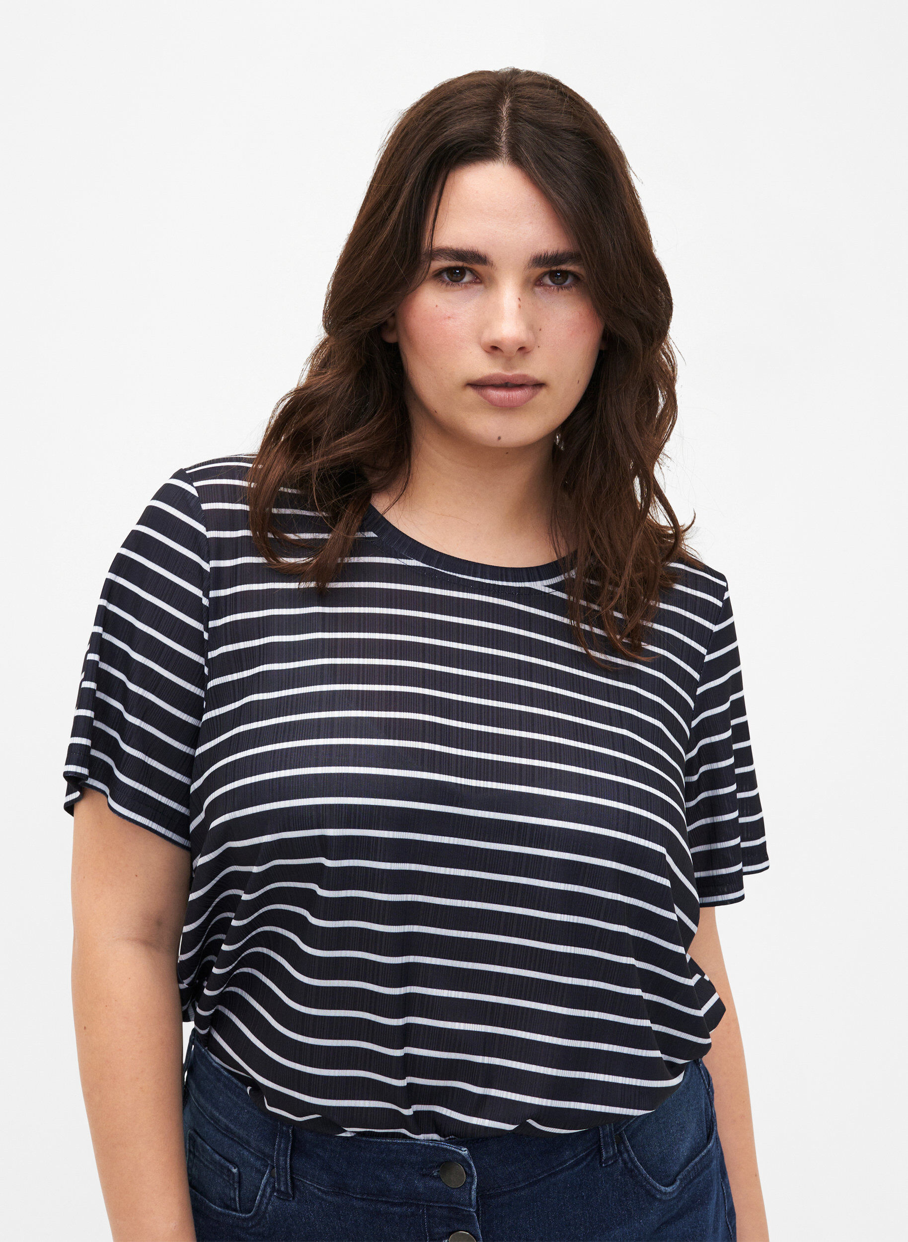 Zizzi FLASH - T-shirt &agrave; rayures, Night S. W. Stripe, Model image number 0
