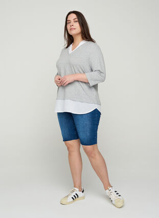 Gemêleerde blouse met 3/4 mouwen en hemd details, Light Grey Melange, Model image number 2