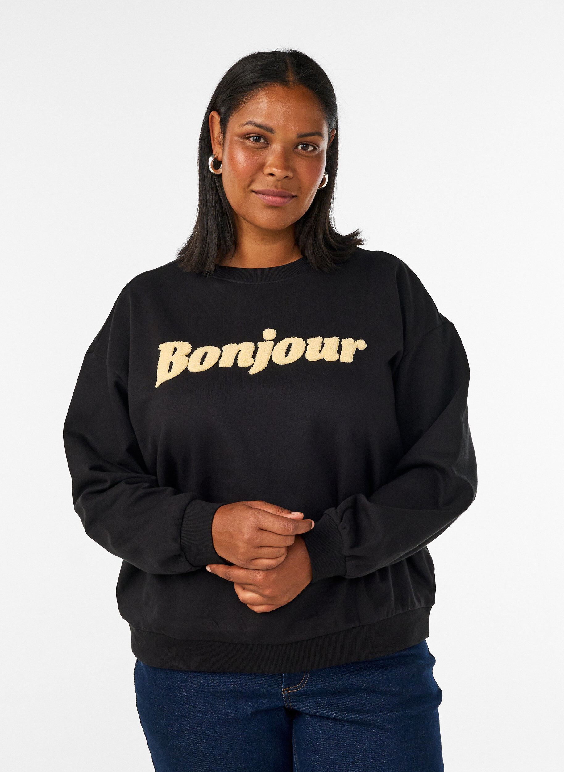 ZizziSweat-shirt avec inscription en boucl&eacute;, Noir, Model image number 0