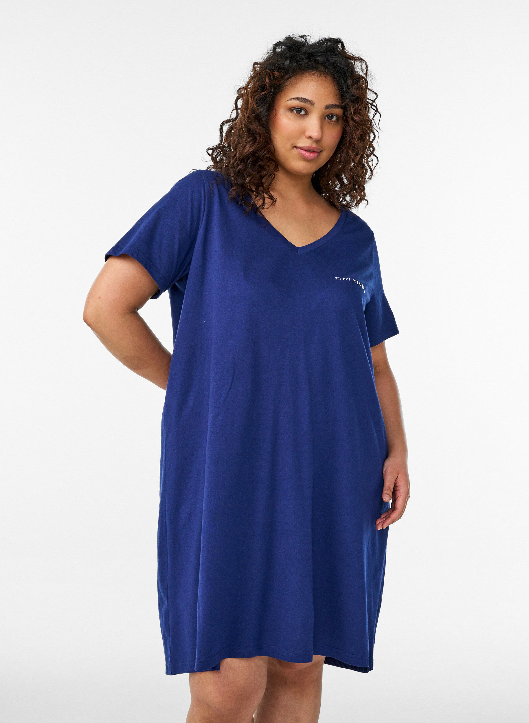 Organische katoenen nachtjapon met V-hals, Blauw, Model