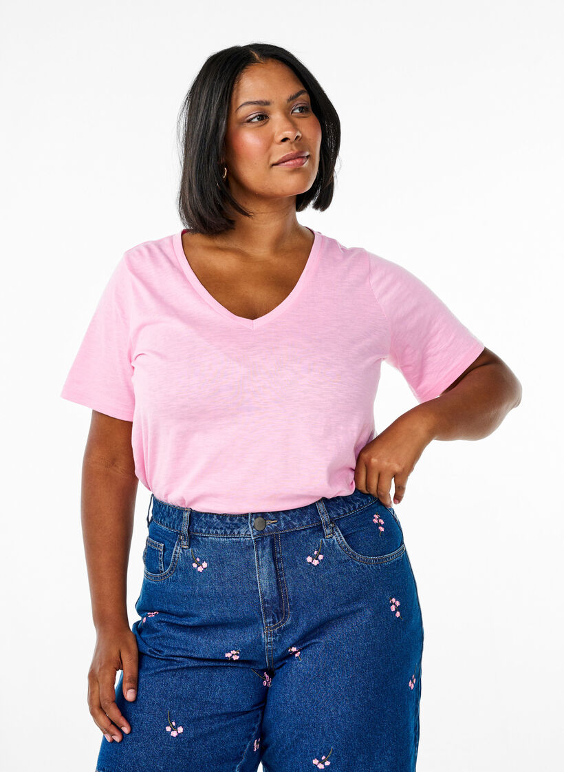 Basic t-shirt met korte mouwen en V-hals, Roze, Model image number 0