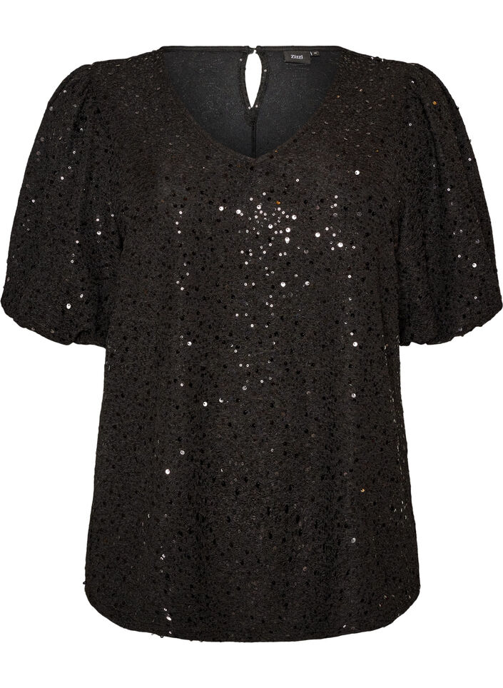 Blouse &agrave; sequins avec manches ballon, Noir, Packshot image number 0