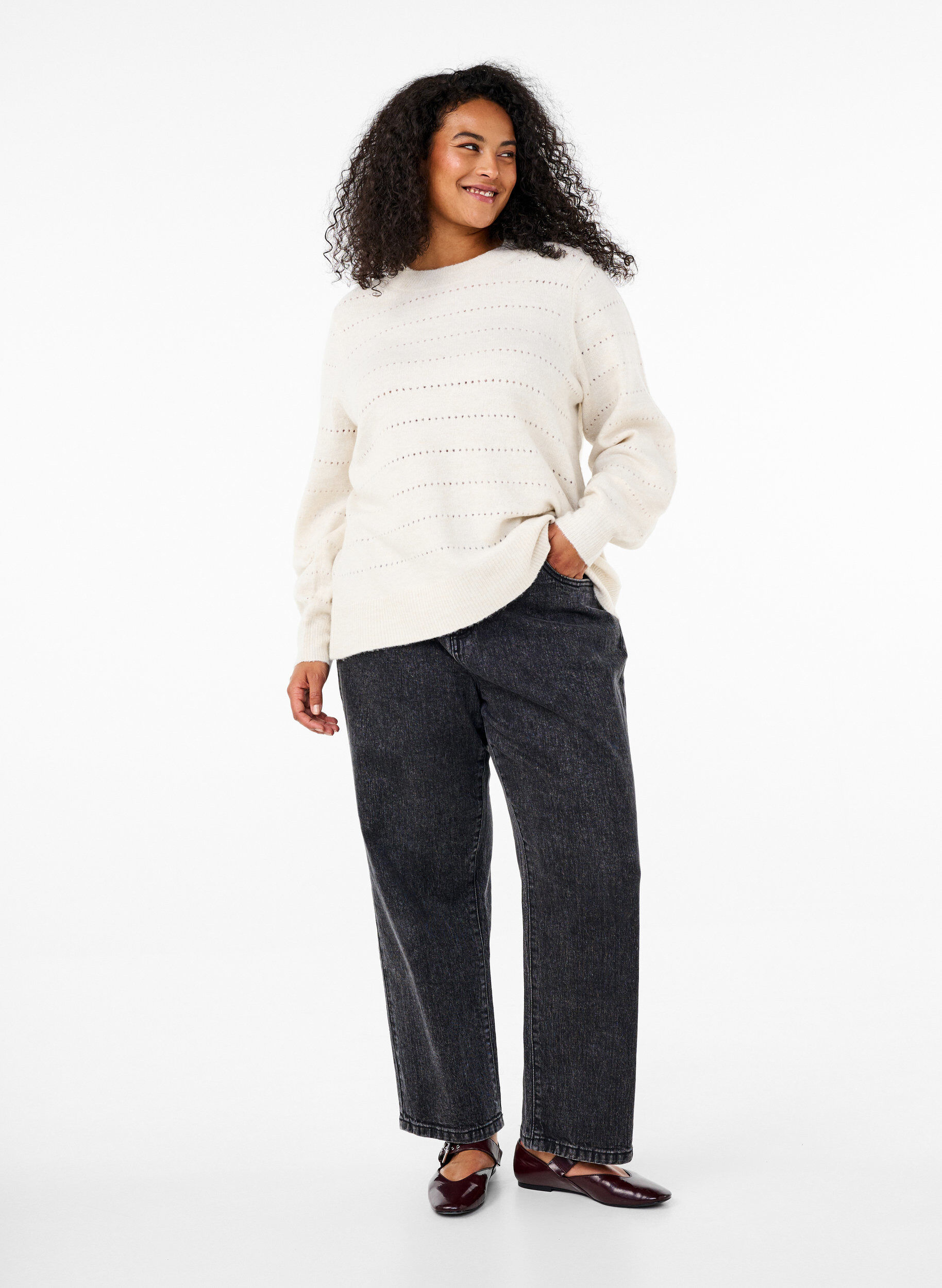 ZizziGebreide blouse met ronde hals en kantpatroon, Birch Mel., Model image number 2