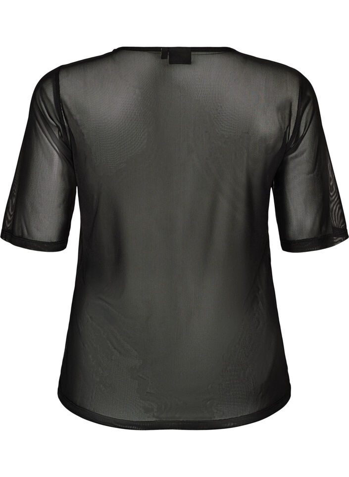 Mesh top met korte mouwen en ronde hals, Zwart, Packshot image number 1