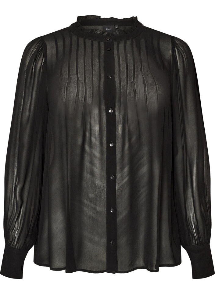 Blouse en viscose &agrave; col &agrave; volants, Noir, Packshot image number 0