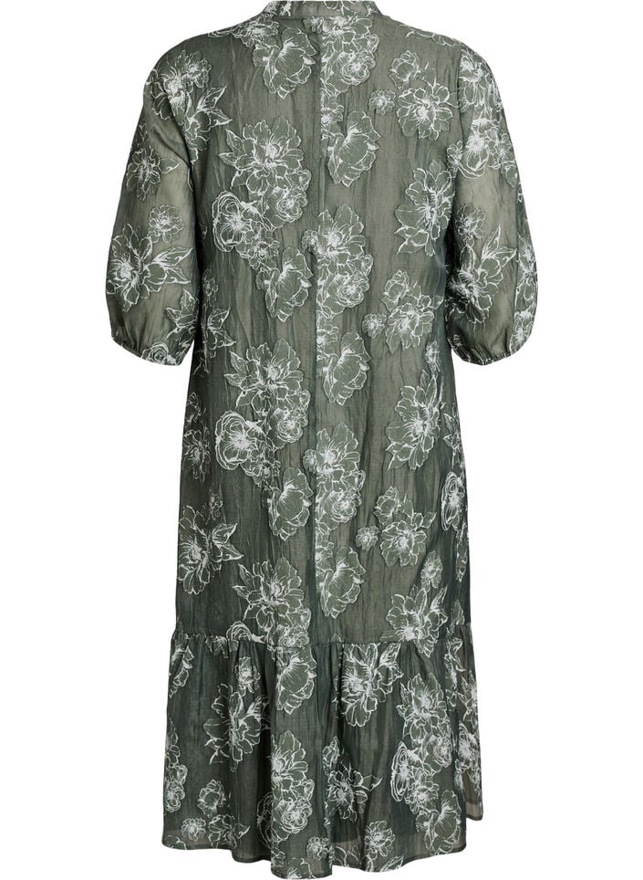 Midi jurk met bloemenprint en transparante 3/4-mouwen, Groen, Packshot