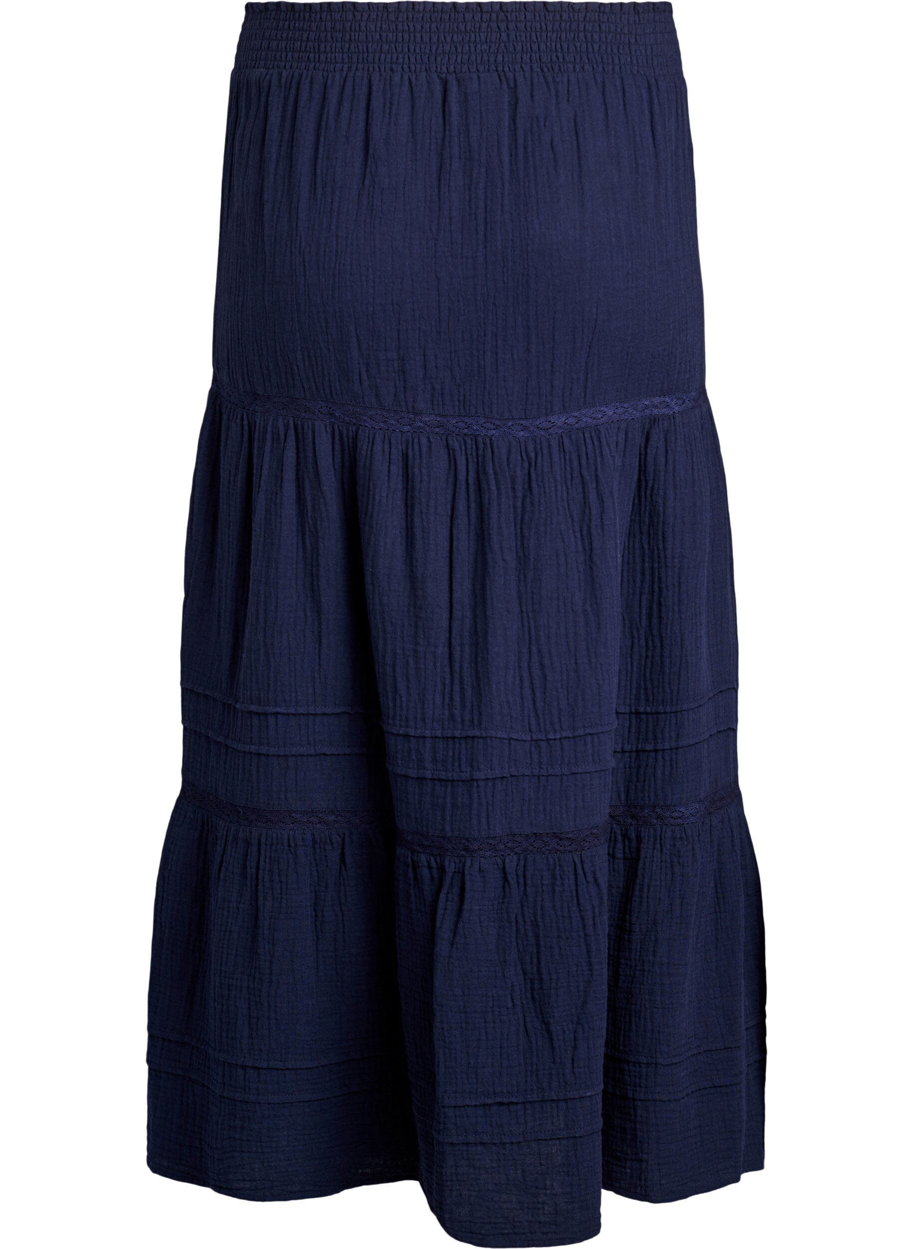 ZizziJupe midi &agrave; coupe &eacute;vas&eacute;e en mousseline de coton avec bande en crochet, Bleu, Packshot image number 1