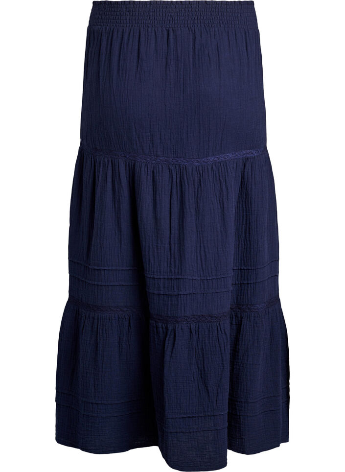 Jupe midi &agrave; coupe &eacute;vas&eacute;e en mousseline de coton avec bande en crochet, Bleu, Packshot image number 1